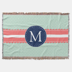 Mint Polka Dot Pattern Coral Navy Blue Monogram Deken