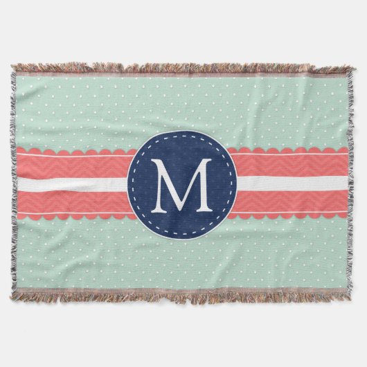 Mint Polka Dot Pattern Coral Navy Blue Monogram Deken (Voorkant)