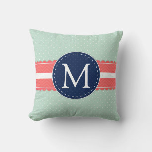 Mint Polka Dot Pattern Coral Navy Blue Monogram Kussen