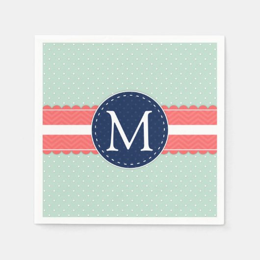 Mint Polka Dot Pattern Coral Navy Blue Monogram Servet (Voorkant)