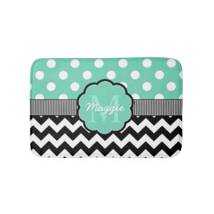 Mint Polka Dots Black Chevron Monogram Badmat