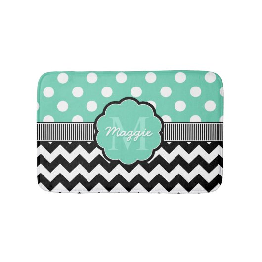 Mint Polka Dots Black Chevron Monogram Badmat (Voorkant)