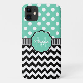 Mint Polka Dots Black Chevron Monogram Case-Mate iPhone Case