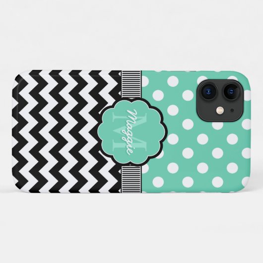 Mint Polka Dots Black Chevron Monogram Case-Mate iPhone Case (Achterkant (horizontaal))