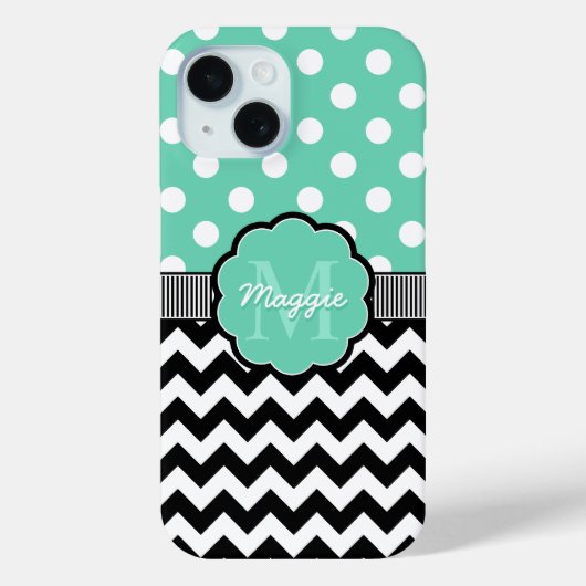 Mint Polka Dots Black Chevron Monogram Case-Mate iPhone Case (Achterkant)