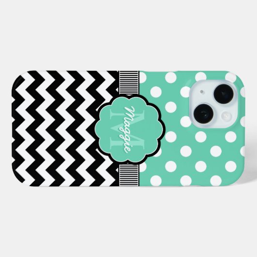 Mint Polka Dots Black Chevron Monogram Case-Mate iPhone Case (Achterkant (horizontaal))