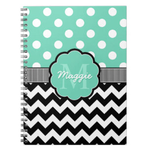 Mint Polka Dots Black Chevron Monogram Notitieboek