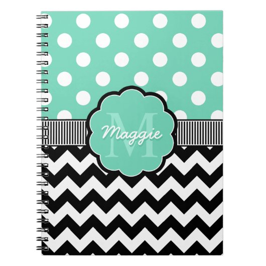 Mint Polka Dots Black Chevron Monogram Notitieboek (Voorkant)