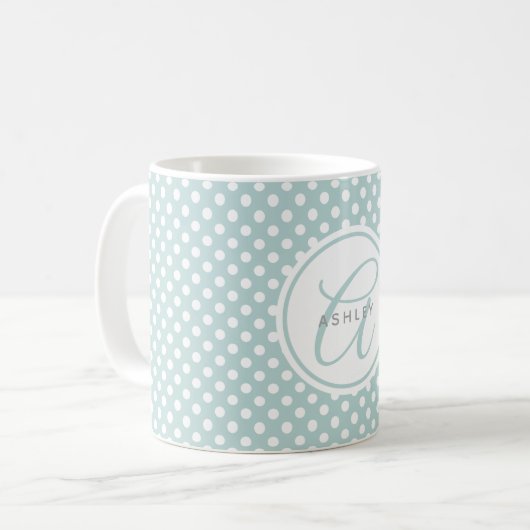 Mint Polka Dots Personalized Name Coffee Mok (Voorkant links)