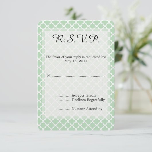 Mint Quatrefoil Bruiloft RSVP (Staand voorkant)