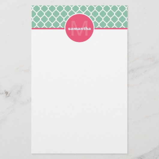 Mint Quatrefoil Monogram Briefpapier (Voorkant)
