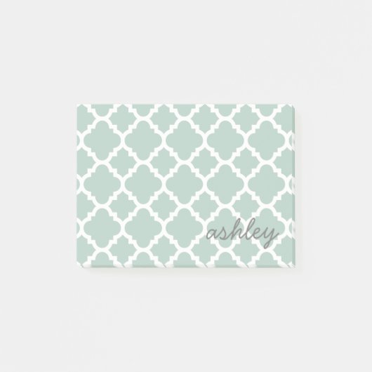 Mint Quatrefoil Patroon met Persoonlijke Naam Post-it® Notes (Voorkant)
