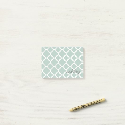 Mint Quatrefoil Patroon met Persoonlijke Naam Post-it® Notes (Op bureau)