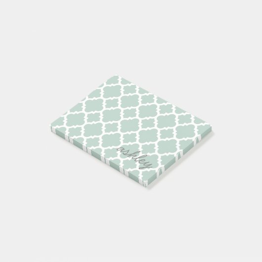 Mint Quatrefoil Patroon met Persoonlijke Naam Post-it® Notes (Schuin)