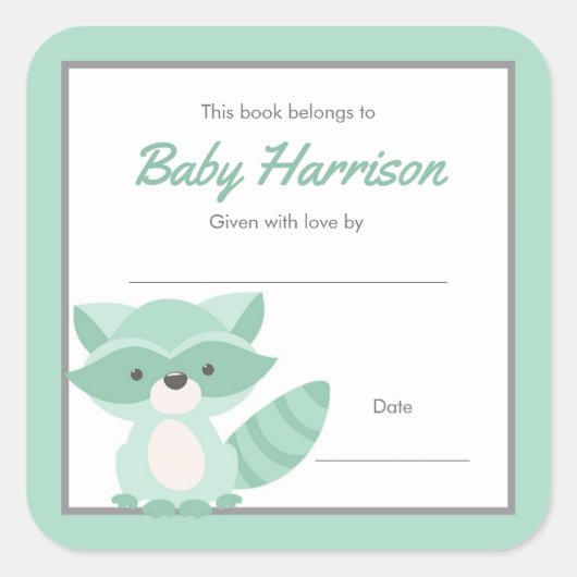Mint Raccoon Baby shower Bookplate, neutraal Vierkante Sticker (Voorkant)