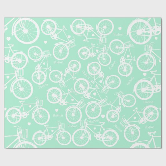Mint  Retro Bicycle Boy's Name op Cadeaupapier (Vlak)