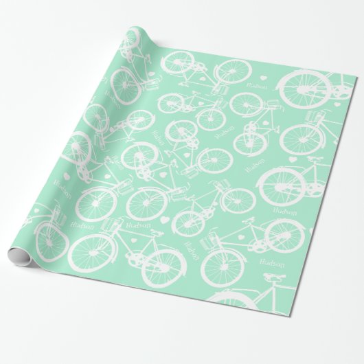 Mint  Retro Bicycle Boy's Name op Cadeaupapier (Uitgerold)