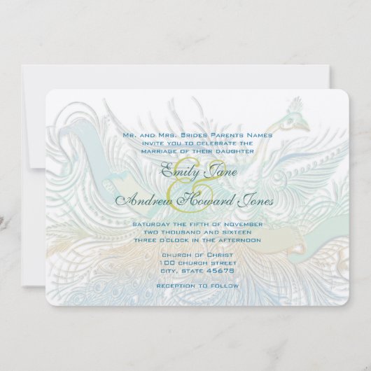 Mint  Romantic Peacock Birds Wedding Kaart (Achterkant)