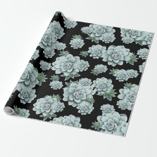 Mint Rosette Succulents Herhaal Afdrukken op zwart Cadeaupapier