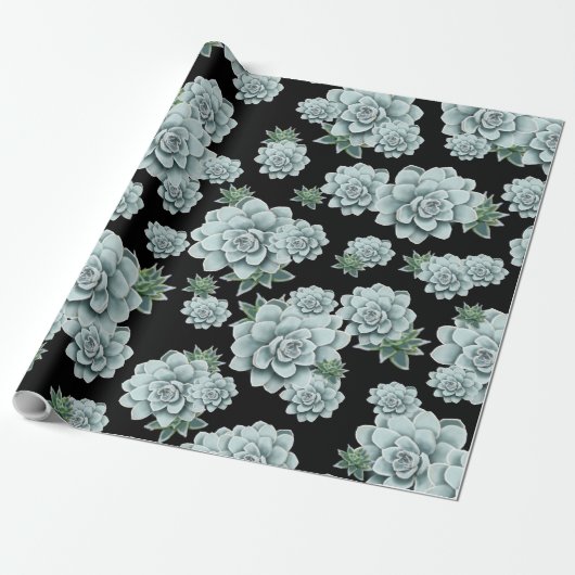 Mint Rosette Succulents Herhaal Afdrukken op zwart Cadeaupapier (Uitgerold)