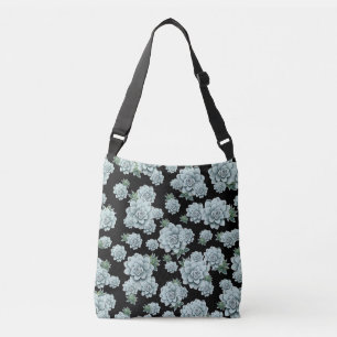 Mint Rosette Succulents Herhaal Afdrukken op zwart Crossbody Tas