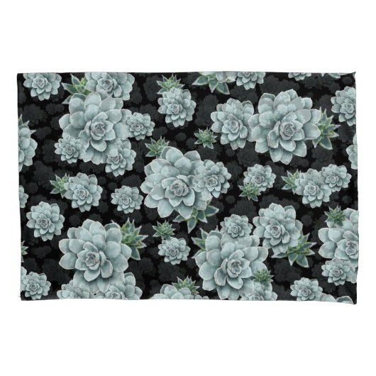 Mint Rosette Succulents Herhaal Afdrukken op zwart Kussensloop (Voorkant)