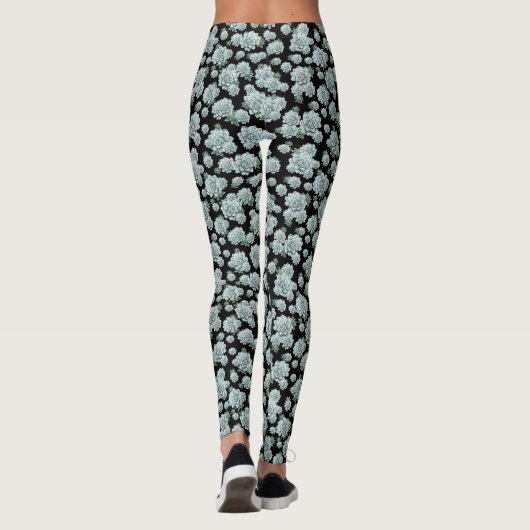 Mint Rosette Succulents Herhaal Afdrukken op zwart Leggings (Achterkant)