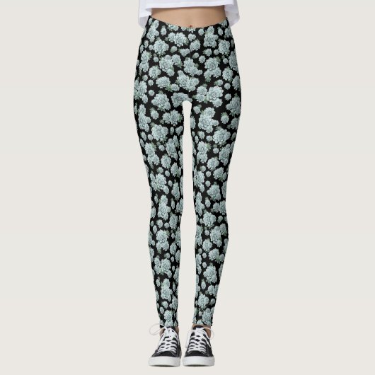 Mint Rosette Succulents Herhaal Afdrukken op zwart Leggings (Voorkant)