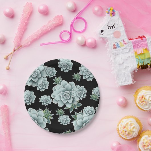 Mint Rosette Succulents Herhaal Afdrukken op zwart Papieren Bordje (Feest)