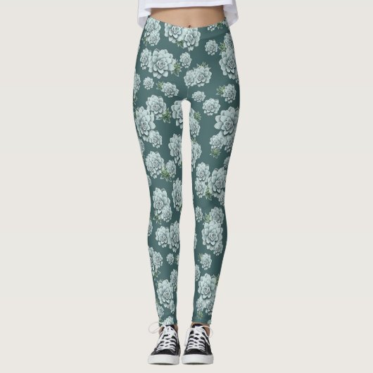Mint Rosette Succulents Herhaalt Afdruk op Pine Gr Leggings (Voorkant)