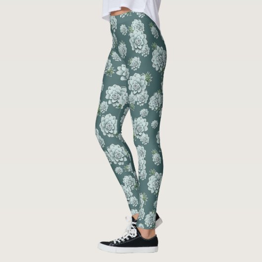 Mint Rosette Succulents Herhaalt Afdruk op Pine Gr Leggings (Links)