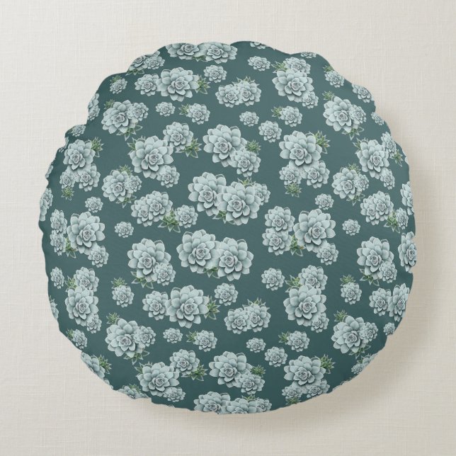 Mint Rosette Succulents Herhaalt Afdruk op Pine Gr Rond Kussen (Voorkant)