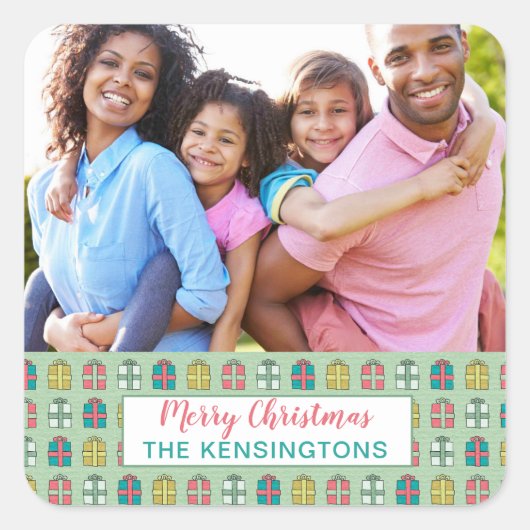 Mint roze Blauwgroen kerstpatroon vakantiefoto Vierkante Sticker (Voorkant)