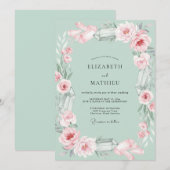 Mint Roze Bloem Huwelijk Kaart (Voorkant / Achterkant)