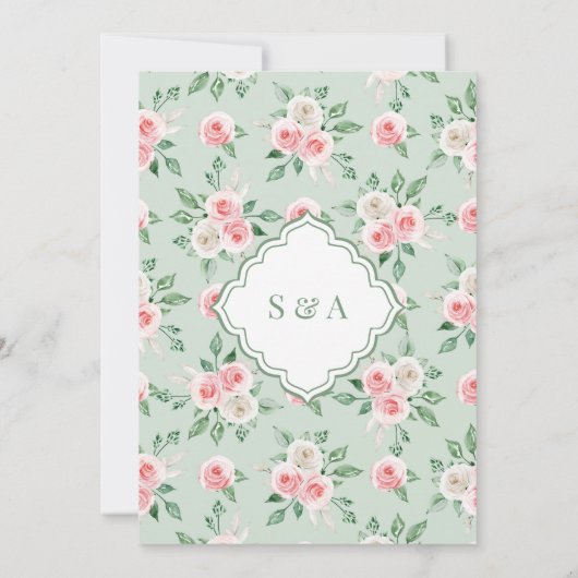 Mint Roze Bloemen Wit Kant Lijst Moslim Bruiloft Kaart (Achterkant)