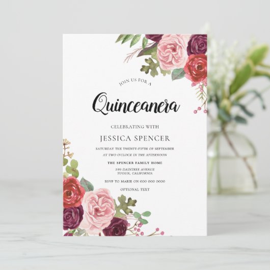 Mint & Roze Blush Floral Quinceanera Uitnodiging (Staand voorkant)