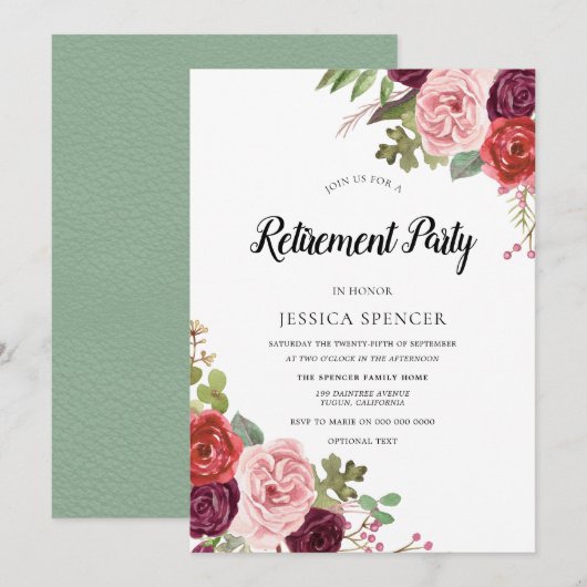 Mint & Roze Blush Floral Retirement Party Invite Kaart (Voorkant / Achterkant)