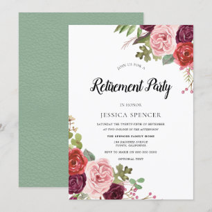 Mint & Roze Blush Floral Retirement Party Invite Kaart