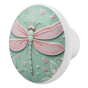 Mint & Roze Dragonfly en Bloemen Girly Floral Keramische Knop