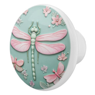 Mint & Roze Dragonfly en Bloemen Girly Floral Keramische Knop