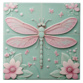Mint & Roze Dragonfly en Bloemen Girly Floral Tegeltje