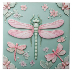 Mint & Roze Dragonfly en Bloemen Girly Floral Tegeltje