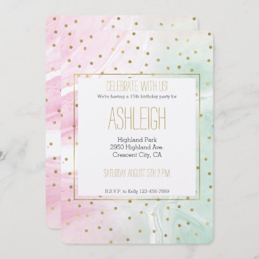 Mint Roze Goud Ombre Confetti Verjaardag Kaart (Voorkant / Achterkant)