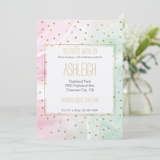 Mint Roze Goud Ombre Confetti Verjaardag Kaart (Staand voorkant)