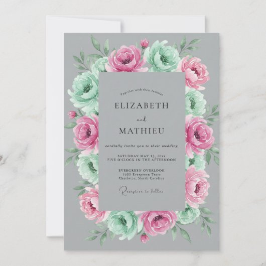 Mint Roze Grijs Botanische Bruiloft Kaart (Voorkant)