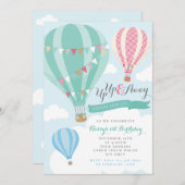 Mint & Roze Hot Air Ballon Verjaardag Uitnodiging (Voorkant / Achterkant)