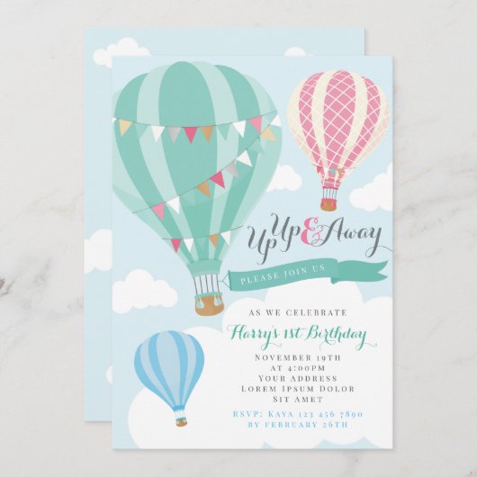 Mint & Roze Hot Air Ballon Verjaardag Uitnodiging (Voorkant / Achterkant)