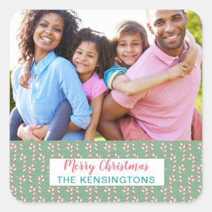 Mint roze kerst snoep vakantie foto vierkante sticker