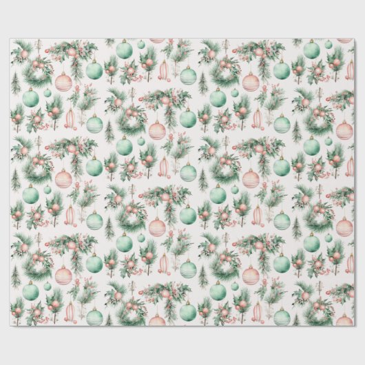 Mint roze kerstversieringen cadeaupapier (Vlak)