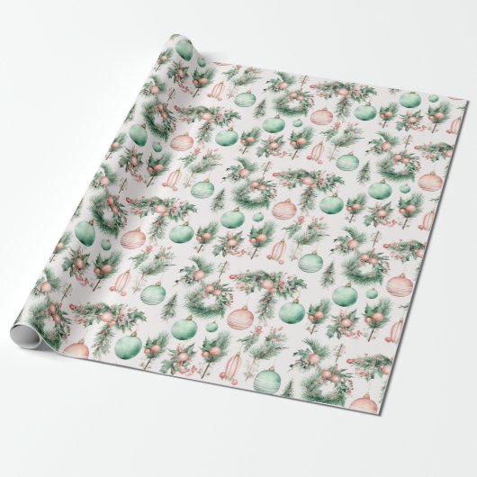 Mint roze kerstversieringen cadeaupapier (Uitgerold)